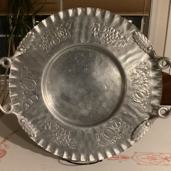 1950's Cromwell Handwrought Aluminum Handle Tray Fruit And Veggie Design 13.5"