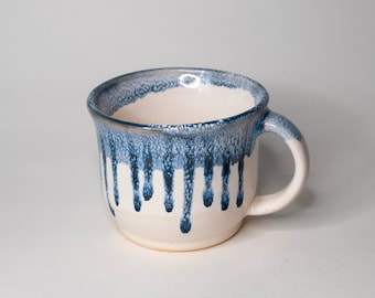 Blue and White Drippy Ceramic Mug, Handmade Pottery Coffee Mug