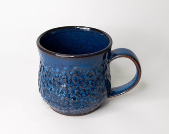 Blue Carved Ceramic Mug, Handmade Pottery Coffee Mug