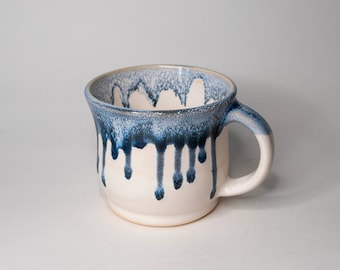 Blue and White Drippy Ceramic Mug, Handmade Pottery Coffee Mug