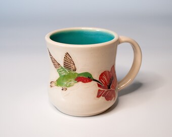 Hummingbird Turquoise Mug, Flower Mug, Handmade Pottery Mug