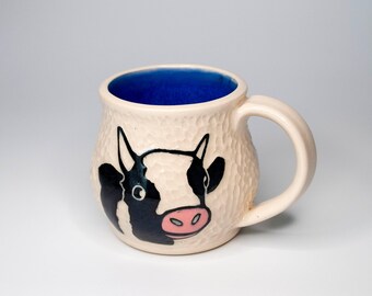 Carved Cow Mug, Cobalt Blue Textured Mug, Handmade Ceramic Mug, Drinkware