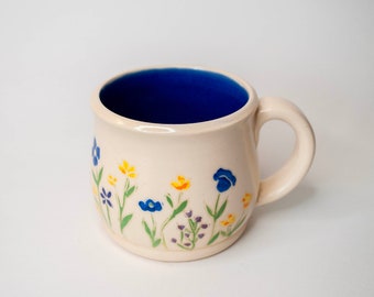 Blue Wildflower Mug, Flower Mug, Blue Handmade Pottery Mug
