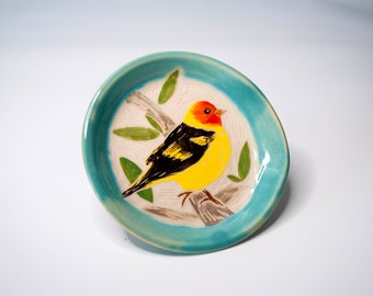 Yellow Bird, Western Tanager Spoon Rest, Turquoise Stovetop Utensil Rests, Handmade Functional Pottery