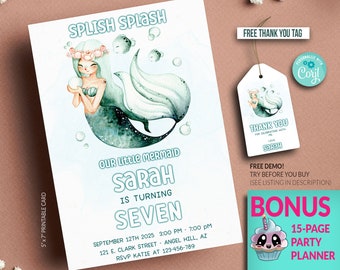 Mermaid Birthday Invitation Template Printable, Mermaid Birthday Invitation, Mermaid Thank you tag, Under the Sea invitation