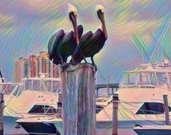 Pelicans On The Piling Digital Download Print In Watercolor styling