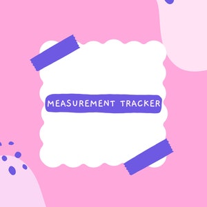 Könnte beinhalten: Eine weiße, wolkenförmige Notiz mit einem lila Banner, auf dem "MEASUREMENT TRACKER" steht, auf einem rosa Hintergrund mit lila und weißen abstrakten Formen.