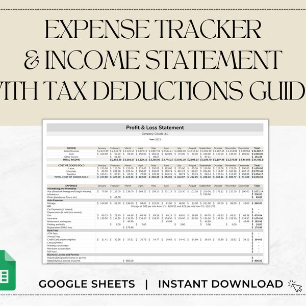 Expense Tracker & Income statement (With Tax deductions guide) for Small Business - Google Sheets