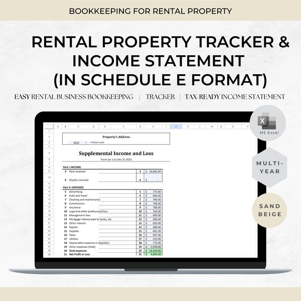 Rental Property Expense Tracker & Income Statement in Schedule E format- Muti-Year Rental Property Bookkeeping for landlords, Airbnb hosts