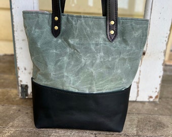 Premium leather Handmade waxed canvas and premium leather tote bag black and sage