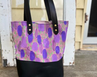 Premium leather Handmade waxed canvas tote bag black leather and hand painted print pink purple green