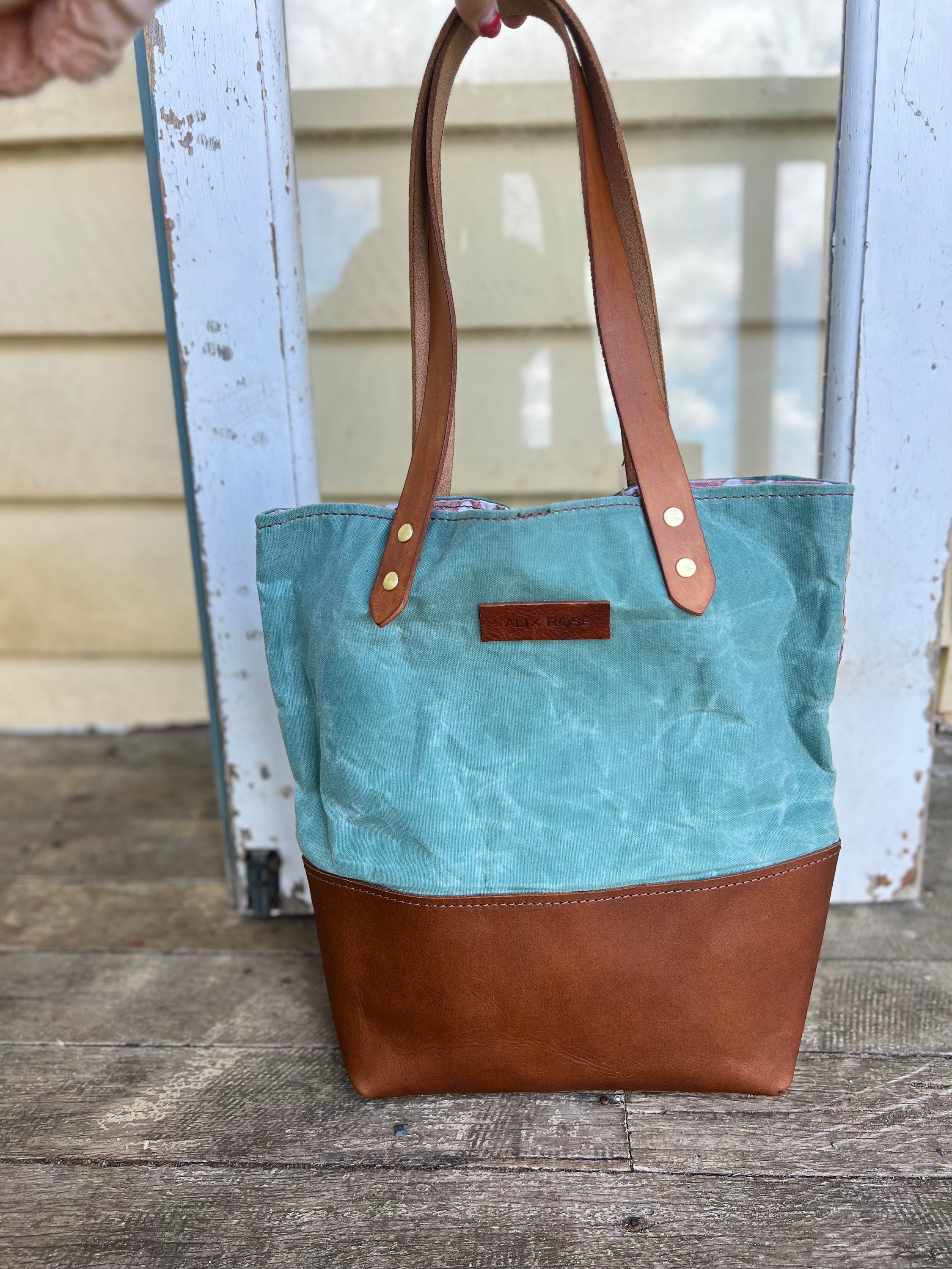 Premium leather Handmade waxed canvas and premium leather tote bag sage and Australian tanned brown leather