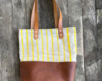 Premium leather Handmade, tote bag hand painted yellow and neutral waxed canvas, Australian tanned brown leather