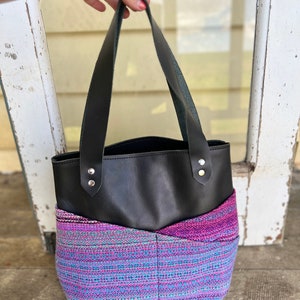 Premium leather and mad hatter handwoven Handmade shoulder bag, handbag, handwoven Mad Hatter material blue, purple, pink, navy