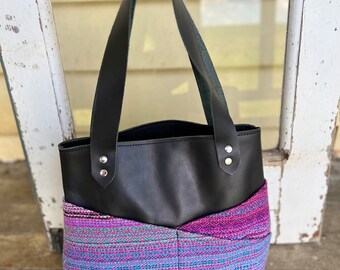 Premium leather and mad hatter handwoven Handmade shoulder bag, handbag, handwoven Mad Hatter material blue, purple, pink, navy