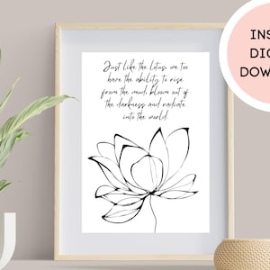 Arte de pared de flor de loto con cita inspiradora de Buda, cita de loto con dibujo simple de lirios, estudio de yoga y decoración de sala de meditación