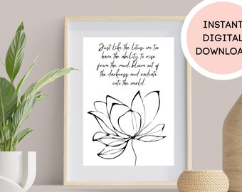 Lotus Flower Wall Art with Inspiring Buddha Quote, Lotus quote with simple lily drawing, Yoga Studio and Meditation Room Decor
