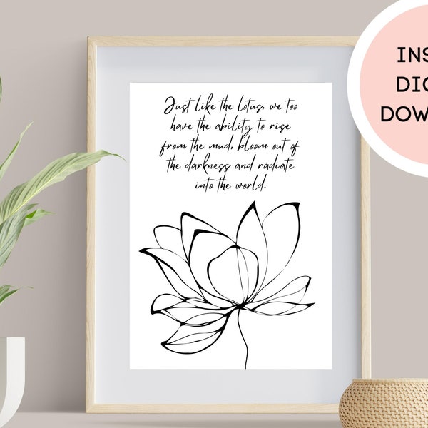 Lotus Flower Wall Art with Inspiring Buddha Quote, Lotus quote with simple lily drawing, Yoga Studio and Meditation Room Decor