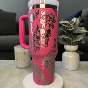 Skulls and  Flowers Pink  Engraved 40oz Tumbler with Handle | Gift for Mom | Travel Thermos Mug | Large Ice Water Bottle