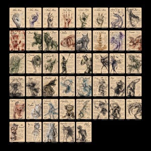 May include: A collection of fifty-five rectangular trading cards arranged in a grid, each featuring a unique hand-drawn illustration of a creature or magical element on a parchment-style background with handwritten text and numerical stats.