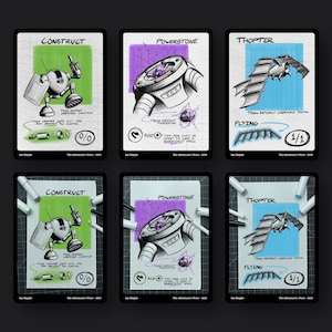 Op de afbeelding: Zes geïllustreerde ruilkaarten. De kaarten tonen tekeningen van een robot, een mechanisch apparaat en een vleermuisachtig wezen. Elke kaart heeft een uniek ontwerp met tekstlabels zoals "Construct", "Powerstone" en "Thopter". De kaarten staan tegen kleurrijke achtergronden.