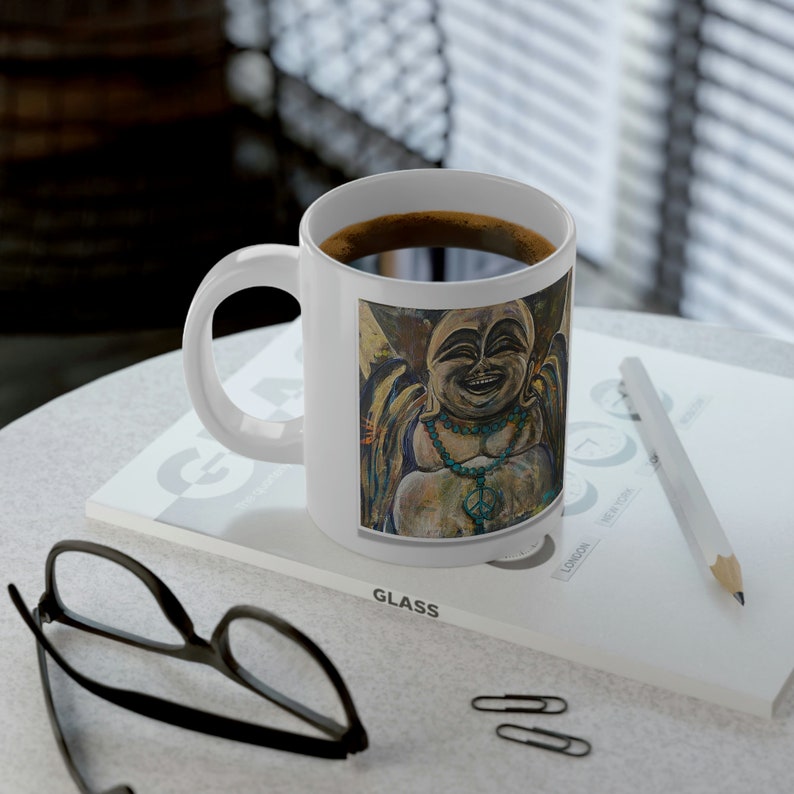 Buddha GIANT Artist Painted 20oz Mug BE HAPPY it drives people crazy Mugs n' Messages by Zan Kavanah image 2