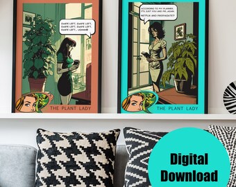 Plant Lady Comic Style Digital Art Print, Plant Lover Struggle Fun Wall Decor, Botanical Art, Instant Download, Gift For Her