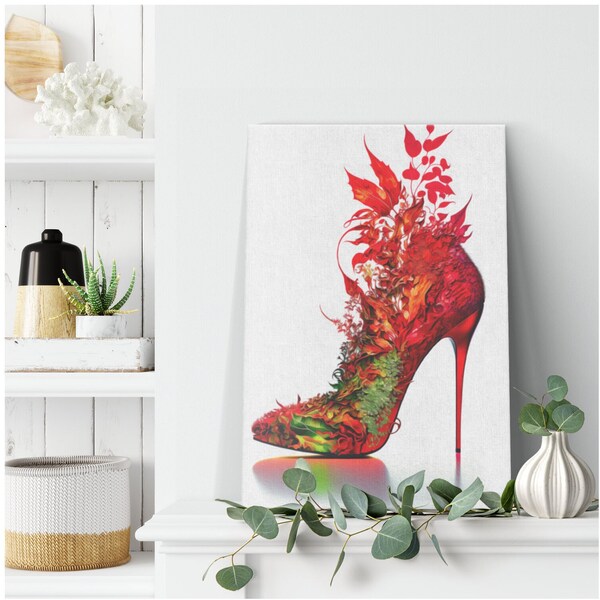 Sultry Red Botanical Stiletto Oil Painting Print, Flora Fauna Canvas Wall Art