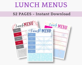 Home School Fillable Lunch Menus, Holiday theme kids lunch organization weekly