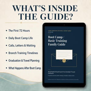 Może przedstawiać: Cyfrowy tablet wyświetla Boot Camp / Basic Training Family Guide z ciemnoniebieską okładką i ikoną koperty. Tekst wymienia zawartość przewodnika: The First 72 Hours, Daily Boot Camp Life, Calls, Letters & Waiting, Branch Training Timelines, Graduation & Travel Planning oraz What Happens After Boot Camp.
