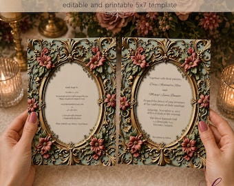 Elegant Floral Wedding Invitation | Gold Ornate Frame Design | Double Sided Editable 5x7 Template