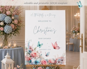 Baby Shower Welcome Sign | Butterfly Baby Shower Sign | Floral Butterfly Baby Shower Poster | Editable 24x36 Welcome Sign