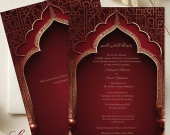 Elegant Nikah Invitation | Maroon & Gold Islamic Wedding Invite | Editable Muslim Nikah Card | Double-Sided 5x7 Digital Download