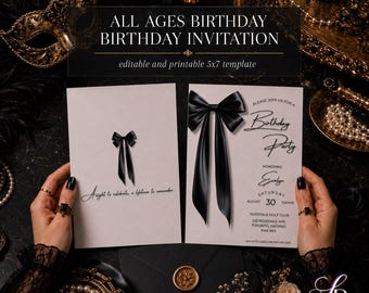 Black Bow Birthday Invitation | Elegant Luxury Editable 5x7 Template