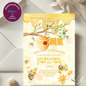 Biene Biene erste Geburtstagseinladung | 1st Bee-Day Party Vorlage | Bearbeitbares Bienenthema Einladen für Mädchen oder Jungen | Honigwaben Design