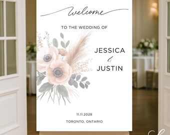 Blush Pampas Wedding Welcome Sign: Boho Floral (24x36, Digital Template)