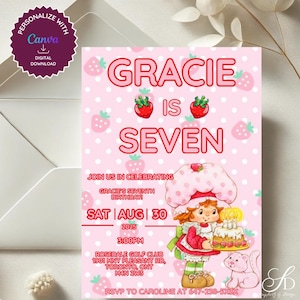 Faire-part d'anniversaire Charlotte aux fraises pour fille - Faire-part de fête pour tous les âges modifiable - Rose rétro imprimable - 1er 2e 5e 7e carte d'anniversaire