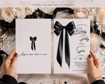 Elegant Birthday Invitation | Minimalist Black Bow Birthday Invite | Modern Any Age Celebration | Double-Sided Editable 5x7 Template