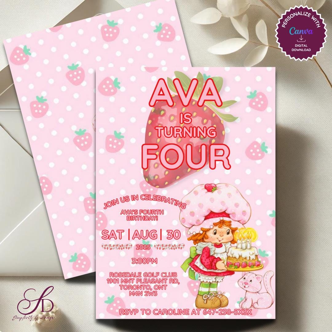 Strawberry Shortcake Birthday Invitation: Pink Polka Dot, Vintage Theme (5x7 Digital Download)