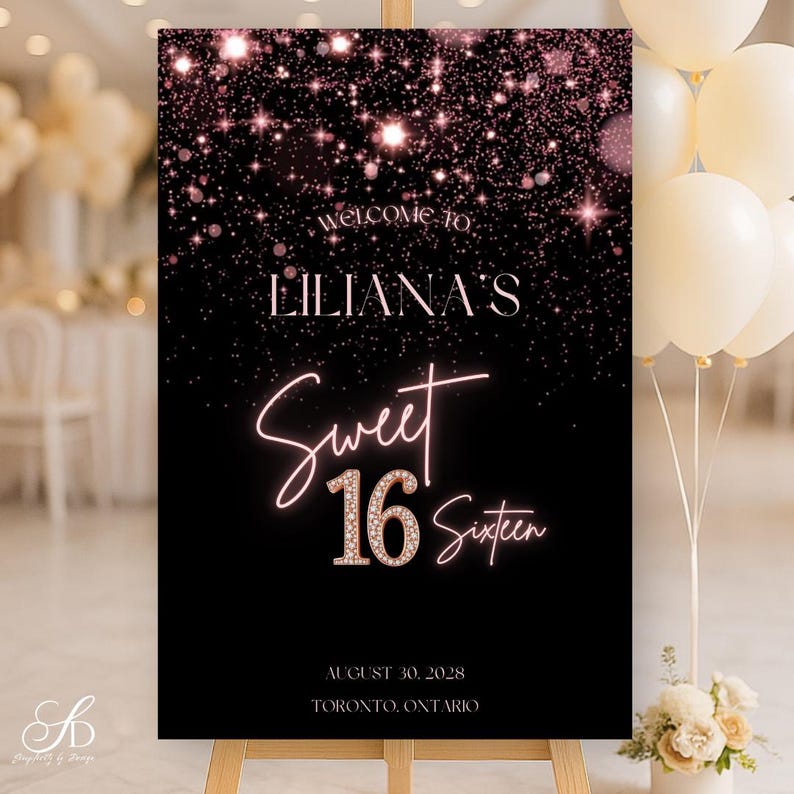 Rose Gold Sparkle Sweet 16 Welcome Sign | Glam Black Birthday Entrance ...