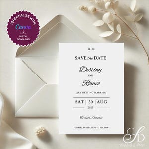 Tarjeta de reserva de fecha color marfil – Plantilla minimalista para boda – Anuncio digital imprimible – Diseño elegante y editable