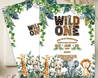 Inbjudan till Wild One Safari-födelsedag | Mall för djungeldjursfest (digital nedladdning)