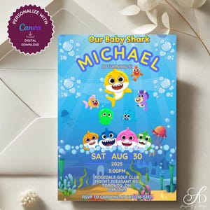 Invitation d'anniversaire modifiable de bébé requin | Invitation de fête imprimable pour garçons 5 x 7 | Téléchargement instantané