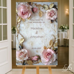 Blush & Gold Rose Wedding Welcome Sign: Elegant 24x36 Printable Decor