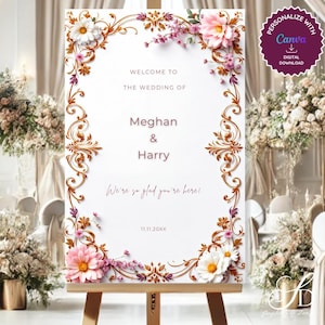 Elegant Pink Floral Wedding Welcome Sign – Ornate 24x36 Entrance Sign for Ceremony or Reception