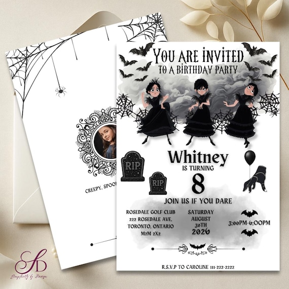 Wednesday Addams Birthday Invitation | Gothic Black & White Party Invite | Editable 5x7 Kids Birthday Invitation | Cute Wednesday Theme