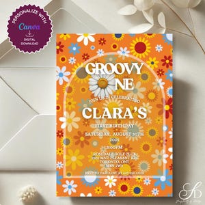 Convite de primeiro aniversário Groovy One • Convite de festa retrô editável Daisy 5x7 para meninas
