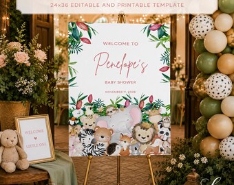 Jungle Safari Baby Shower Welcome Sign | Editable Animal Printable Poster (24x36)