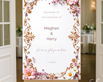Romantic Floral Wedding Welcome Sign | Gold Ornate Frame Entrance Sign | Blush Botanical Wedding Decor | Editable Wedding Sign 24x36