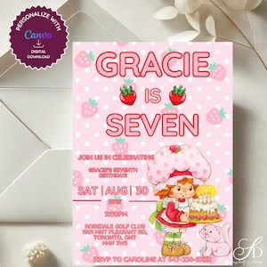 Invitation d'anniversaire Charlotte aux fraises • Faire-part fille 7e anniversaire vintage modifiable • Modèle imprimable à pois roses